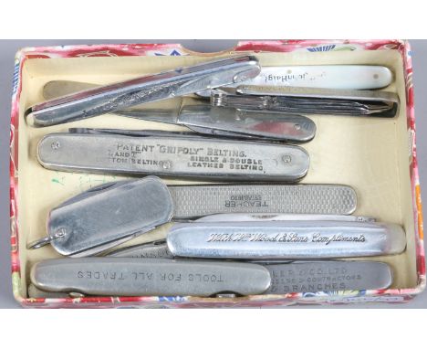 Eleven assorted advertising pen knives, one example with mother of pearl scales. 