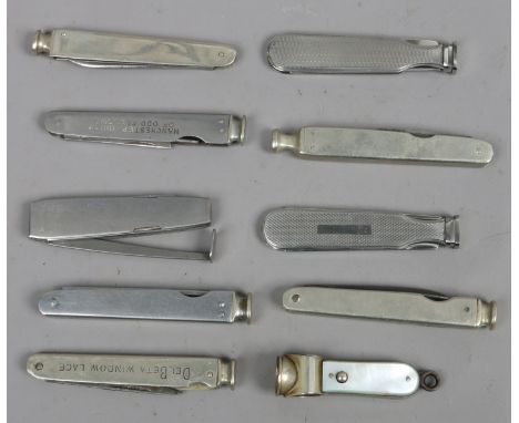 Ten assorted smokers knives, including engine turned examples, one with mother of pearl scales and some with advertising insc