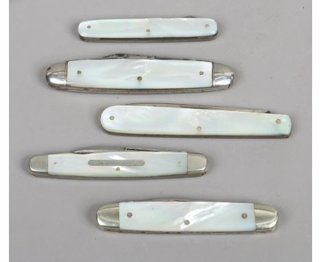 Five multi blade pocket knives including Joseph Rodgers etc and all with mother of pearl scales. 
