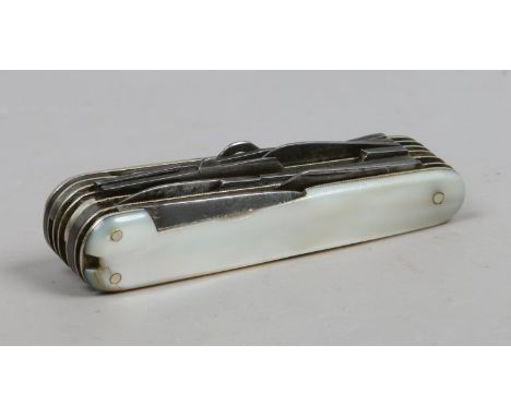A multi tool folding pocket knife with mother of pearl scales AF. 