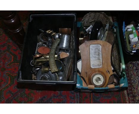 Two boxes of metalwares and wooden items including barometers, antique pewter and weighing scales etc.
