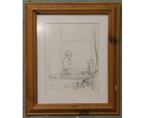 A pine framed print after an original pencil sketch; Winnie the Pooh and Christopher Robin.
