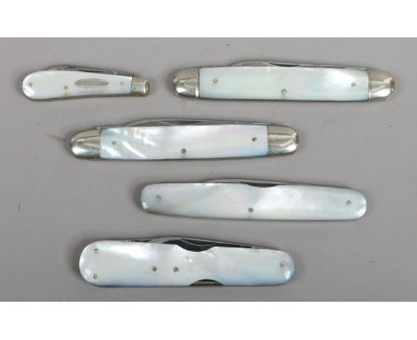 Five multi blade pocket knives with mother of pearl scales including Crookes etc.