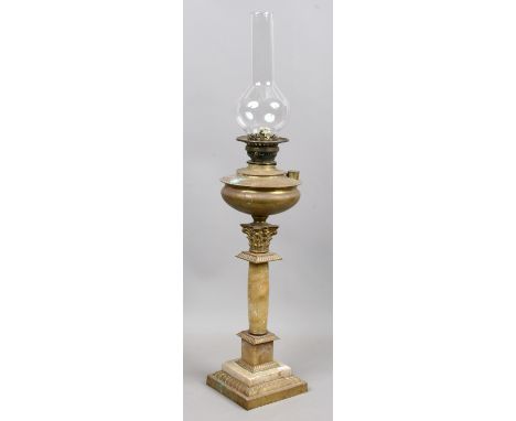 A Victorian oil lamp with gilt metal and alabaster corinthian column base.