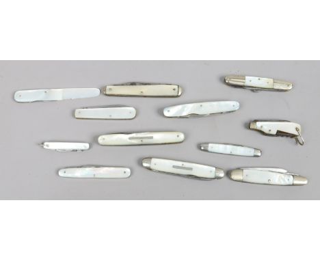 Twelve multi blade and tool folding pocket knives with mother of pearl scales. 