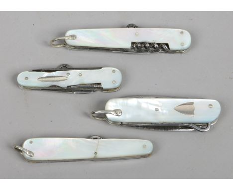 Four multi tool folding pocket knives with mother of pearl scales including Needham etc.