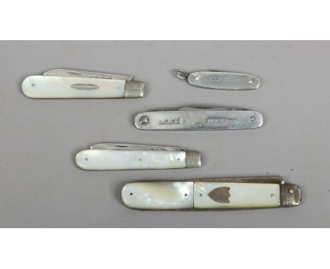 Five silver pocket knives, including one miniature example and three with mother of pearl scales. 