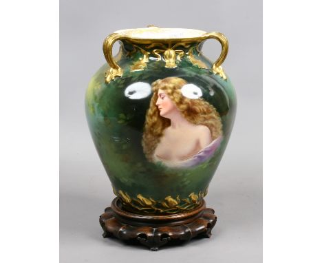 A Royal Bonn baluster vase hand painted with the portrait of a maiden, raised on a carved Chinese hardwood plinth.