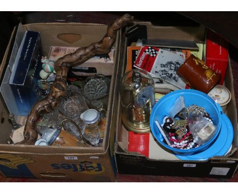 Two boxes of miscellaneous including Dartmouth pottery, Devonware, vintage automobile ephemera, Aynsley, cut glass, costume j