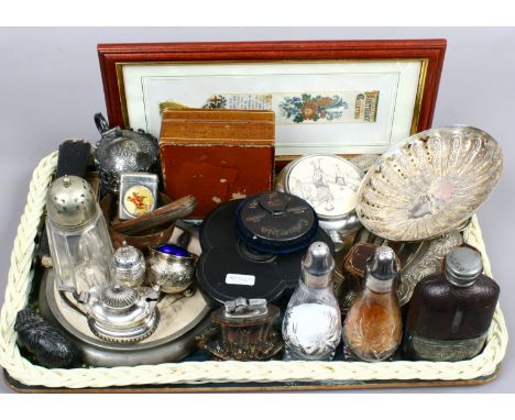 A tray of vintage collectables including hip flasks, pocket knives, silver plated cruets, Bohemian glass scent bottles and co