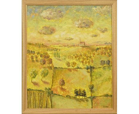 * VICKI GOLDEN (BRITISH b. 1970), PATCHWORK FIELDS &amp; CHURCH oil on canvas, initialled, signed, titled and dated 2015 vers