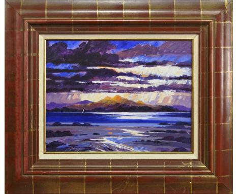 * JAMES S DAVIS DA PAI RSW FRSA (SCOTTISH b. 1944), THE PAPS OF JURA oil on board, signed, titled versoframed and under glass