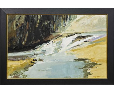 * HUGH MCINTYRE (SCOTTISH b. 1943), A MOUNTAIN STREAM oil on board, signed and dated '95framedimage size 57cm x 88cm, overall