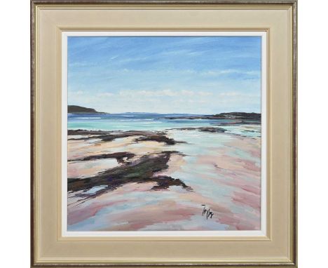* TOM BARRON,  SUMMER LIGHT, SANNA BAY oil on canvas, signed, titled versoframedimage size 60cm x 60cm, overall size 81cm x 8