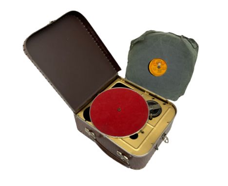 Small manual gramophone in crocodile effect case, L19cm, and vinyl record