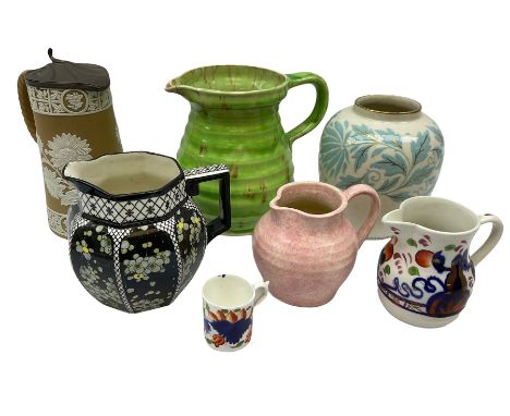 Bursley Ware Charlotte Rhead ginger jar (lacking lid), together with Royal Doulton Prunus pattern jug D3832, Art Deco style j