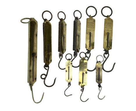 Six brass Salter spring balance scales, together with three similar smaller