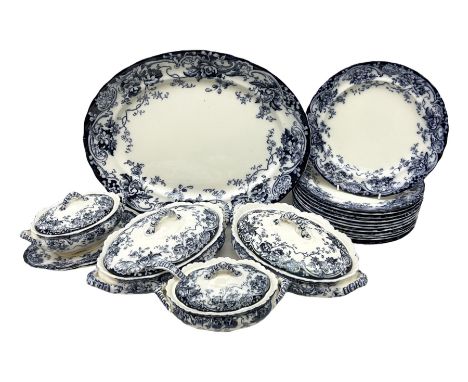 Late Victorian blue and white Chatsworth K Mayers &amp; Co dinner wares, to include four lidded tureens, ladle, nine dinner p