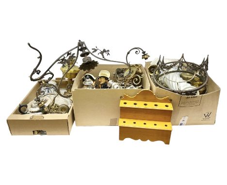 Collection of brass to include light fittings, oil lamps, etc, together with wooden pipe holder, silver  plate and ceramics, 
