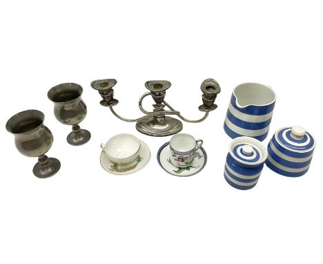 T.G Green Cornishware jug H10cm, and two lidded jars, together with two oriental teacups and saucers, silver plated two-branc