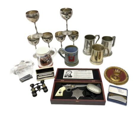 Set of six plated goblets each engraved with 'Guest 7 Sig Regt', various tankards, snuff box engraved 'F. Dean' and with cric