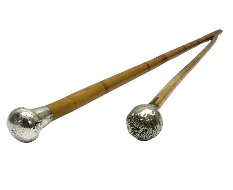 Bamboo walking cane with silver-plate top, L86cm together with a regimental swagger stick with silver plated top