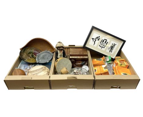 Wood bowls, glassware, set Wilbur Smith books, framed picture, Corgi die cast etc in three boxes