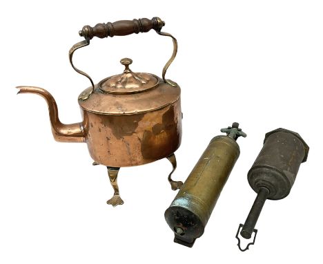 Art Nouveau copper kettle, raised on four stylised feet, H37cm together with Rayner brass fire extinguisher etc (3)