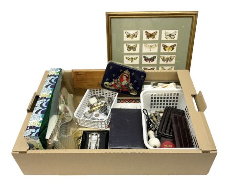 Silk cigarette cards, Lesney trinket box with die-cast chrome car to the lid, together with quantity watch parts, lighter, je
