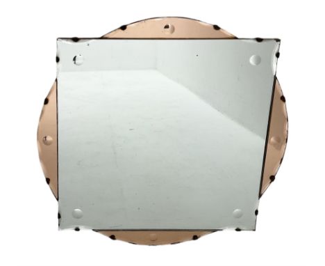 Art Deco wall mirror with central square clear glass panel and peach glass circular border D49cm