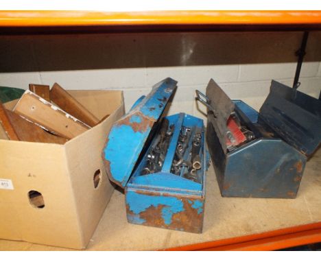 TWO TOOL BOXES PLUS CONTENTS TOGETHER WITH A BOX OF SHELF SUPPORTS, FURNITURE LEGS ETC