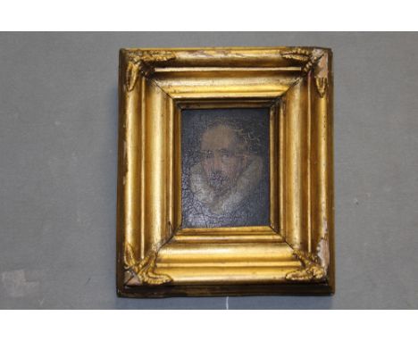 AN EARLY PORTRAIT STUDY OF A BEARDED GENTLEMAN WEARING A RUFF, unsigned, oil on panel, framed, 11 x 8 cm