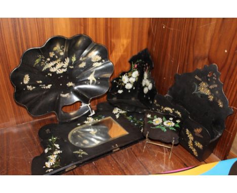 A COLLECTION OF FIVE ASSORTED PIECES OF BLACK LACQUER JAPANNED WARE, to include a mirrored folding wall bracket, letter rack 