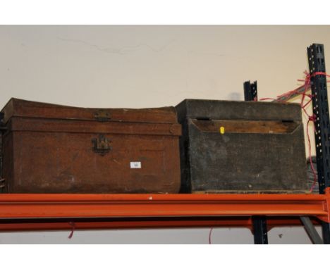 A VINTAGE TIN TRUNK TOGETHER WITH A WOODEN LIDDED BOX 