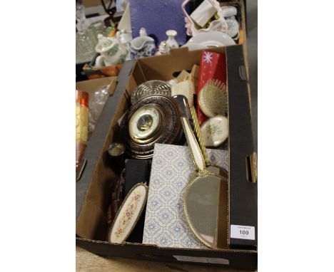 A TRAY OF METALWARE AND TREEN TO INCLUDE BOXED FLATWARE, BAROMETER, DRESSING TABLE ITEMS ETC.