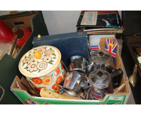 A TRAY OF METALWARE TO INCLUDE AN ART DECO TEA SERVICE, CASED SILVER PLATED FLATWARE ETC.