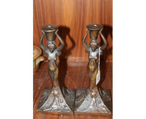 A PAIR OF CAST BRONZED METAL FIGURAL LAMP BASES, H 29 cm
