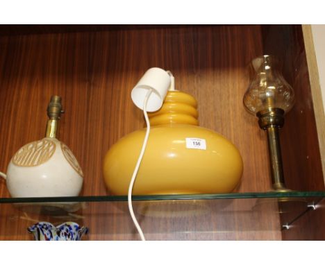A RETRO YELLOW LIGHT SHADE TOGETHER WITH A STONEWARE LAMP PLUS ANOTHER (3)