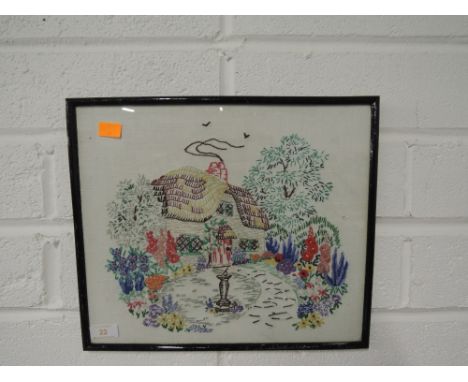 A vintage needle work style sampler depicting country cottage and garden