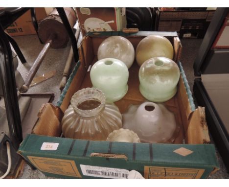 A selection of vintage light shades green glass, opaline etc