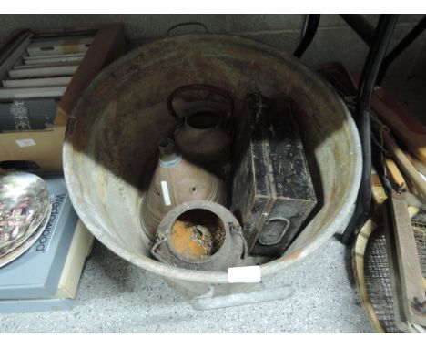 A selection of vintage household items including tin wash basin etc