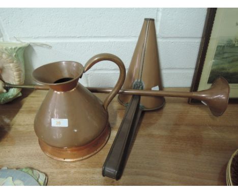 A selection of vintage copper items including large grain ladle, jug and hunters horn