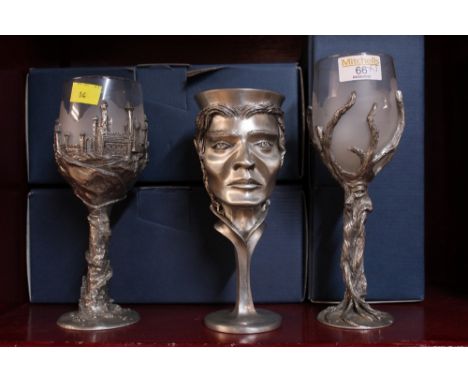 Three Lord of The Rings pewter and glass goblets