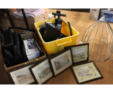 Two boxes of pictures, scales, Fuji film printer, computer bag etc