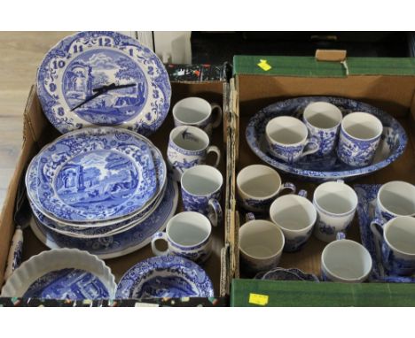 Two boxes of Spode Italian blue and white china, plates, bowls, mugs etc