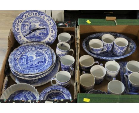 Two boxes of Spode Italian blue and white china, plates, bowls, mugs etc