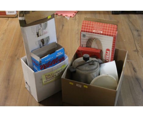 Box of kitchenware, Pyrex, biscuit maker, lamp for close work for sewing, box of light bulbs etc
