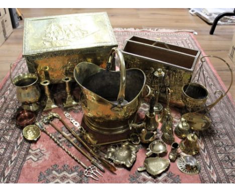 Brass log bucket, magazine rack, coal helmet, brass trinkets, scales, bells, etc