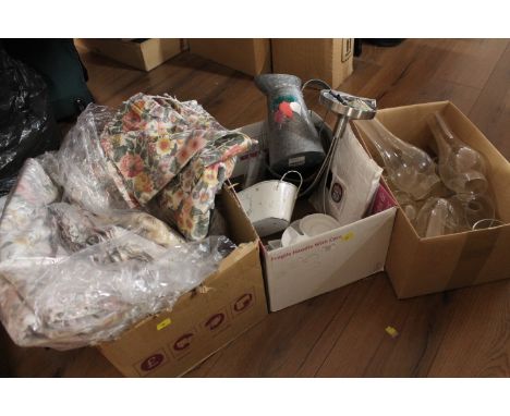 Three boxes of glass lamp shades, flowerpots, light fitting and floral curtains