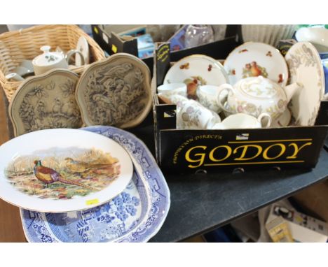 Box of Wedgwood teapot, cups and saucers and blue and white ashette, Poole pottery, bird plaques etc